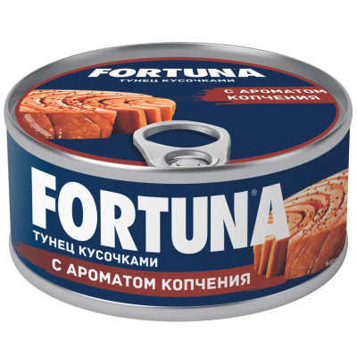 Тунец полосатый Fortuna кусочками с ароматом копчения с добавлением масла, 185г