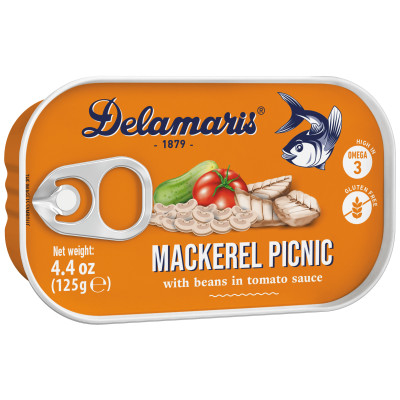 Кусочки Delamaris филе макрели с белой фасолью и огурцами в томатном соусе, 125г