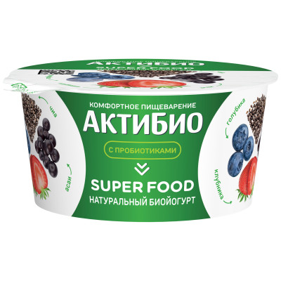 Биойогурт Актибио Super food с клубникой голубикой асаи и семенами чиа с бифидобактериями 2.2%, 140г