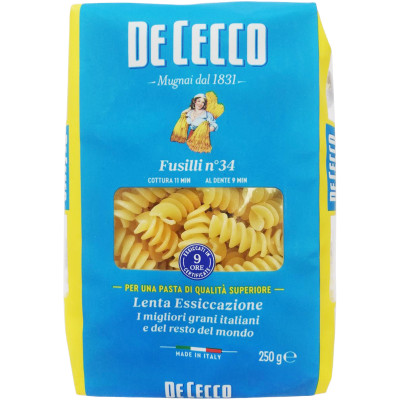 Изделия макаронные De Cecco Fusilli №34 из твердых сортов пшеницы, 250г