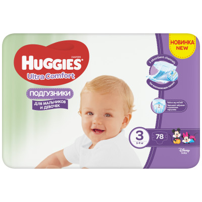 Подгузники Huggies Ultra Comfort для мальчиков и девочек р.3 5-9кг, 78шт