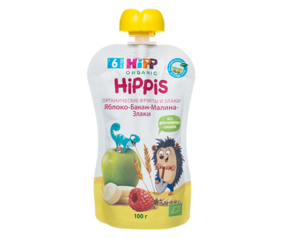 Пюре Hipp Hippis яблоко-банан-малина-злаки пастеризованное с 6 месяцев, 100г