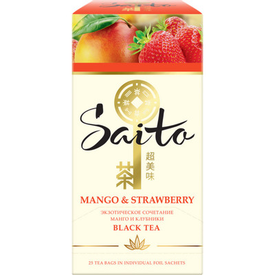 Чай Saito чёрный аромат клубники-кусочки манго и персика в сашетах, 25х1.5г