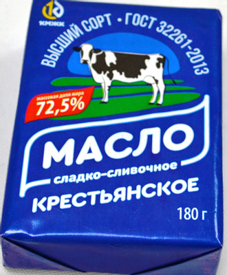 Масло сладкосливочное Крестьянское несолёное высшего сорта 72.5%, 180г