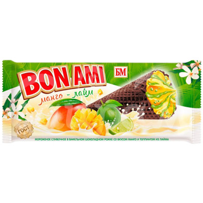 Мороженое сливочное Башкирское Bon Ami манго и топпинг лайм рожок в глазури 8%, 70г
