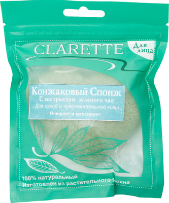 Спонж Clarette для лица конжаковый с экстрактом зеленого чая, 15x1x11см