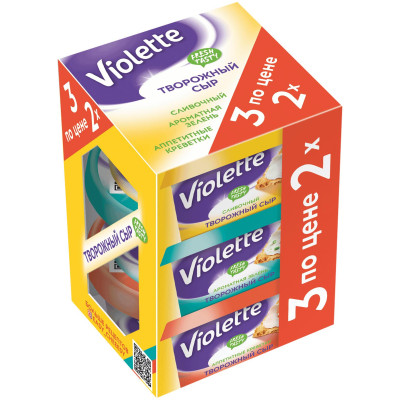 Сыр творожный Violette сливочный с зеленью и креветками 70%, 3х140г