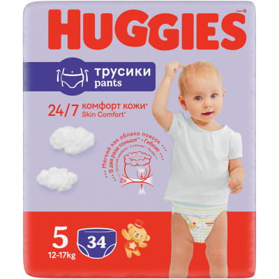 Трусики-подгузники Huggies 5 детские 12-17 кг, 34шт