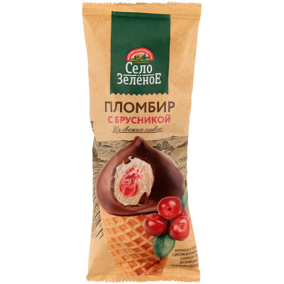 Пломбир Село Зелёное брусника с молочным шоколадом в вафельном рожке 15%, 70г