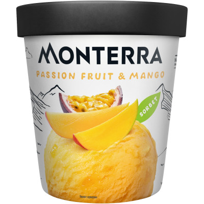 Десерт Monterra Sorbet Passion Fruit & Mango взбитый с маракуйя и кусочками манго замороженный, 300г