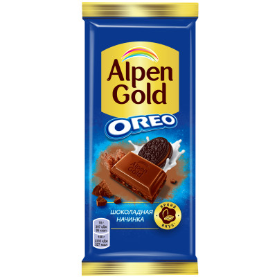 Шоколад белый и молочный Alpen Gold Oreo с начинкой со вкусом ванили и кусочками печенья Орео, 95г