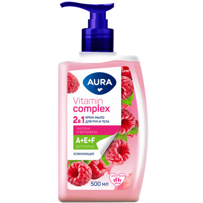 Крем-мыло Aura Vitamin Complex Малина и витамины для и тела 2в1, 500мл