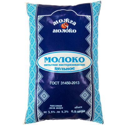 Молоко Можгамолоко цельное пастеризованное 3.5-4.2%, 900мл