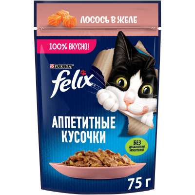 Корм Felix Аппетитные кусочки с лососем в желе для взрослых кошек, 75г
