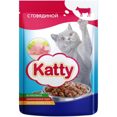 Корм Katty с говядиной влажный для кошек, 85г