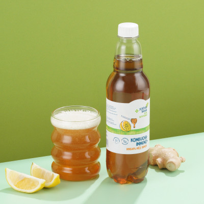 Напиток на чайном грибе Kombucha immuno+ имбирь-мёд-лимон Зелёная Линия, 555мл