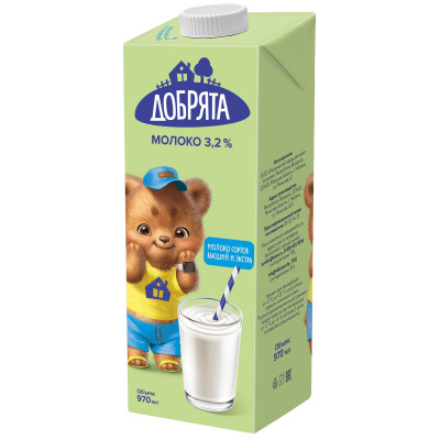 Молоко Добрята ультрапастеризованное для питания детей 3,2%, 970мл