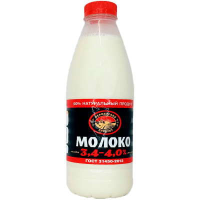 Молоко Фермерский Продукт цельное питьевое пастеризованное 3.4-4%, 900мл