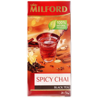 Чай Milford Spicy Chai чёрный байховый с пряностями в пакетиках, 20х1.75г