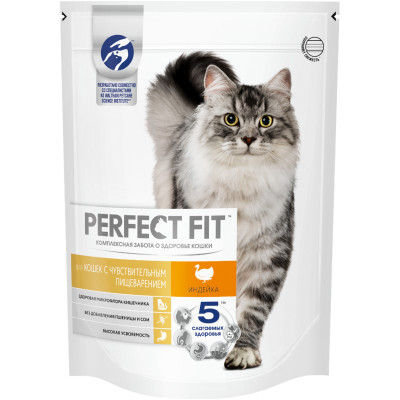 Сухой корм Perfect Fit для взрослых кошек с чувствительным пищеварением с индейкой, 650г