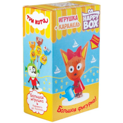 Карамель леденцовая Happy Box Три кота на палочке мороженое сливочное-шоколадное-персиковое + игрушка, 30г