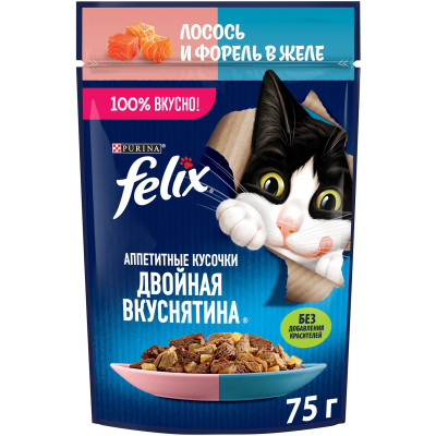 Корм Felix Двойная Вкуснятина лосось и форель в желе консервированный для взрослых кошек, 75г
