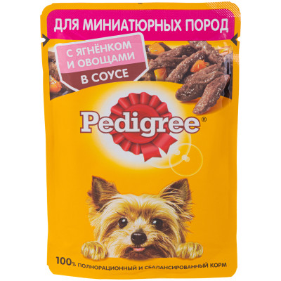 Корм Pedigree для взрослых собак миниатюрных пород с ягнёнком и овощами в соусе, 85г