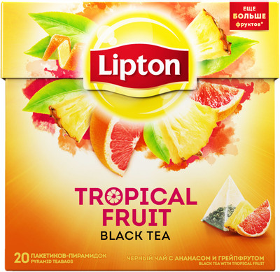 Чай Lipton Tropical Fruit чёрный с ананасом и грейпфрутом в пирамидках, 20х1.8г