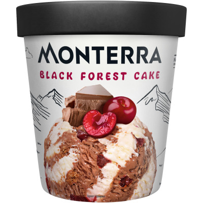 Мороженое сливочное Monterra Black Forest Cake двухслойное шоколадное с вишней и кусочками печенья 9%, 300г