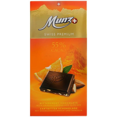 Шоколад горький Munz со вкусом апельсина и миндалём, 100г
