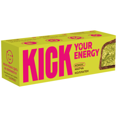 Батончик Kick Your Energy кокосовый с матчей и коллагеном в карамельном шоколаде, 45г