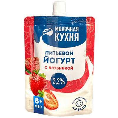 Йогурт питьевой Молочная кухня с клубникой с 8 месяцев 3.2%, 100г