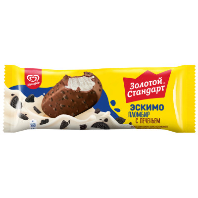 Мороженое Золотой стандарт Пломбир с печеньем в глазури с кусочками бисквита 12%, 61г