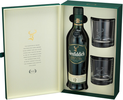 Виски Glenfiddich 12-летний 40% в подарочной упаковке, 750мл + 2 стакана
