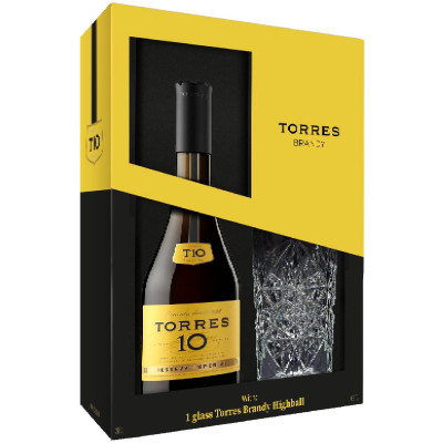 Бренди Torres 10 Gran Reserva 38% в подарочной упаковке, 700мл + стакан