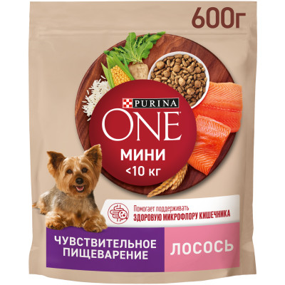 Сухой корм Purina One для собак мелких пород с чувствительным пищеварением с лососем и рисом, 600г