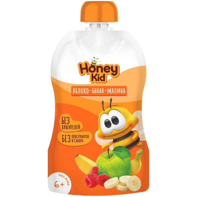 Пюре Honey Kid из яблок банана и малины с 6 месяцев, 90г