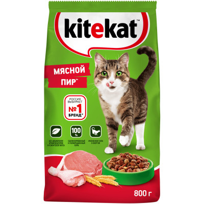 Сухой корм Kitekat полнорационный для взрослых кошек Мясной Пир, 800г