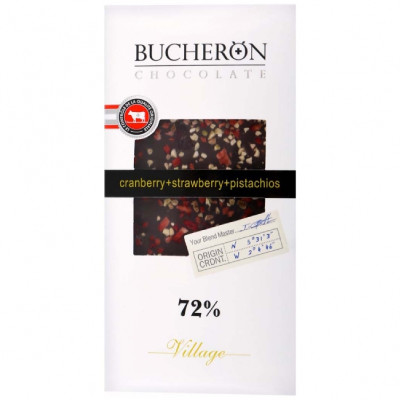 Шоколад горький Bucheron с клюквой-клубникой и фисташками 72%, 100г