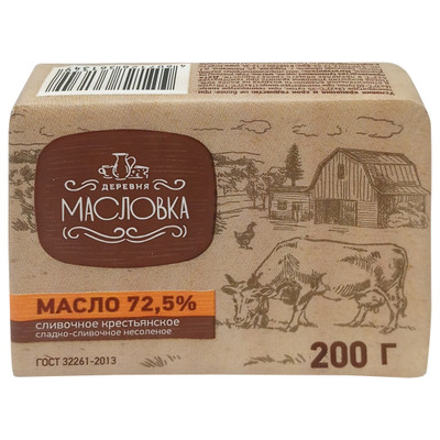 Масло сладкосливочное Деревня Масловка Крестьянское несолёное 72.5%, 180г