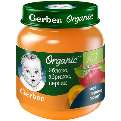 Пюре Gerber Organic яблоко, абрикос, персик с 5 месяцев, 125г