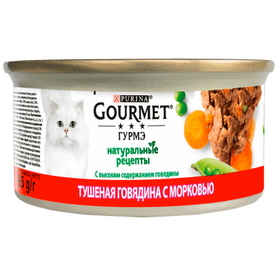 Корм Purina Gourmet Натуральные Рецепты с высоким содержанием говядины и с морковью для кошек, 85г