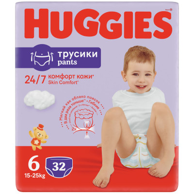 Трусики-подгузники Huggies 6 детские одноразовые 15-25кг, 32шт