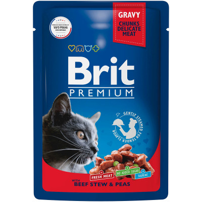 Корм Brit Premium говядина и горошек в соусе для взрослых кошек, 85г