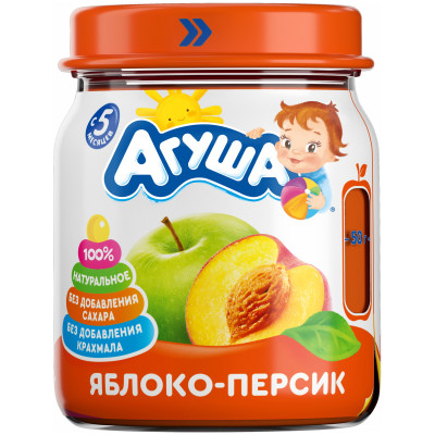 Пюре фруктовое Агуша Яблоко-Персик для детского питания с 5 месяцев, 100г