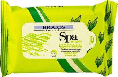 Салфетки влажные Biocos Spa harmony с экстрактом зелёного чая, 15шт