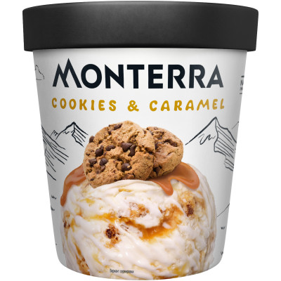 Мороженое пломбир Monterra Cookies&Caramel с карамельным соусом и кусочками печенья 12.7%, 298г