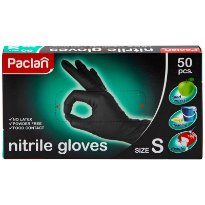 Перчатки Paclan чёрные нитриловые S, 50шт