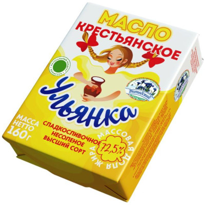 Масло Ульянка Крестьянское сладкосливочное несоленое 72,5% 160г