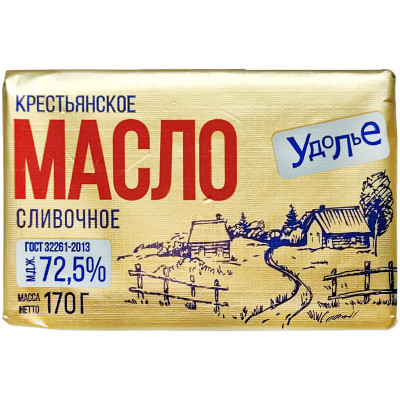 Масло Удолье Крестьянское сливочное 72.5%, 170г